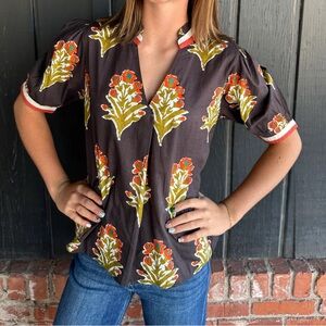 THML Brown blouse  with Orange and Green Floral Design NWT